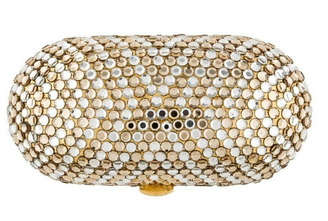Judith Leiber Pillbox Gold Rhine Silver Crystal Pill box Large Oval Vintage gyuh
