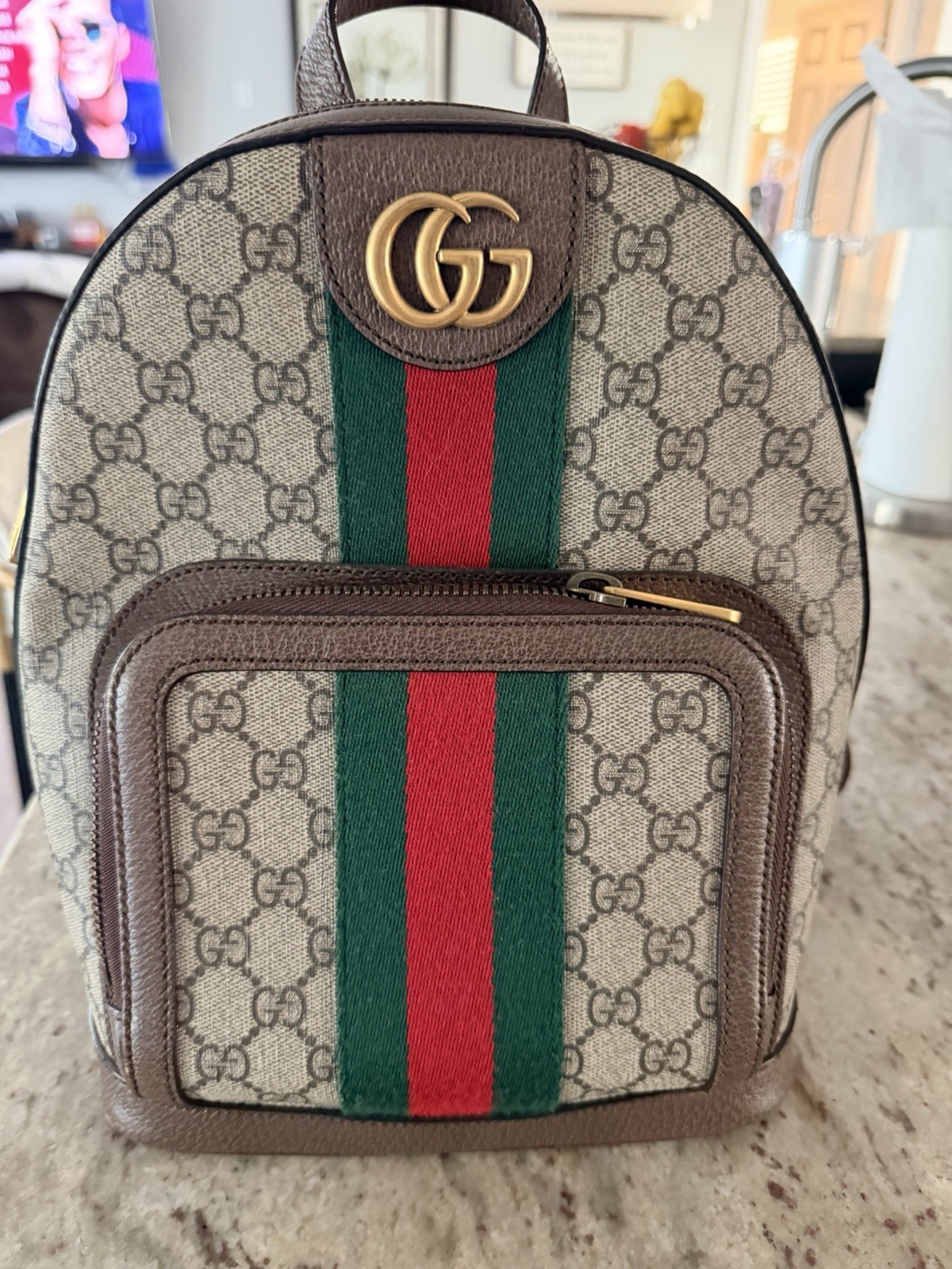 Gucci GG Monogram Web Stripe Small Backpack Beige Brown Red Green Zip Gold.