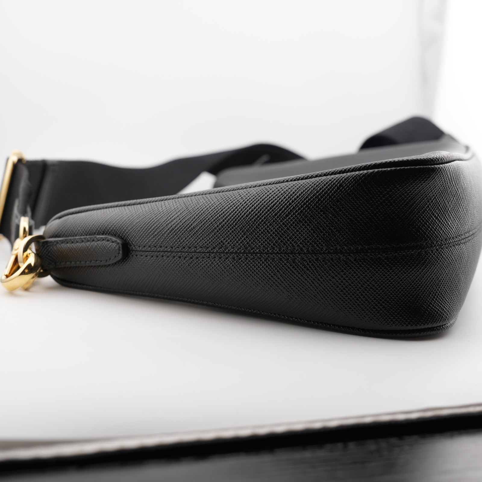 PRADA Re-Edition 2005 Black Gold Saffiano Leather Shoulder Bag with Pouch