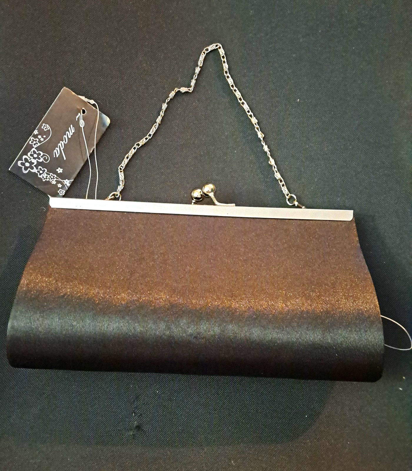 Moda Black Kiss Lock Frame Clutch Purse w/ Silver Chain Strap, Lined