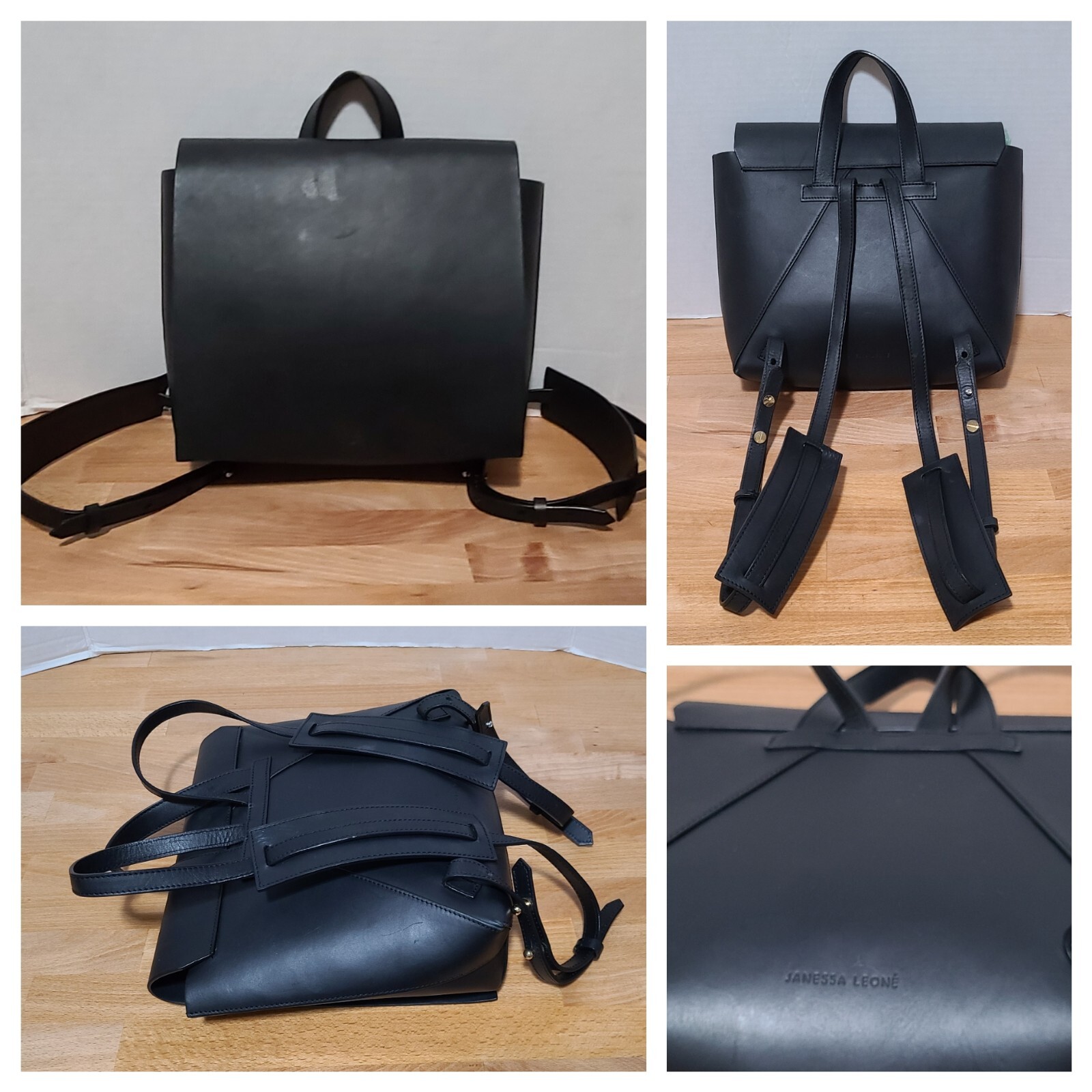 Janessa Leone Black Leather Backpack Tote Made In Spain 9.5″x9″x3″