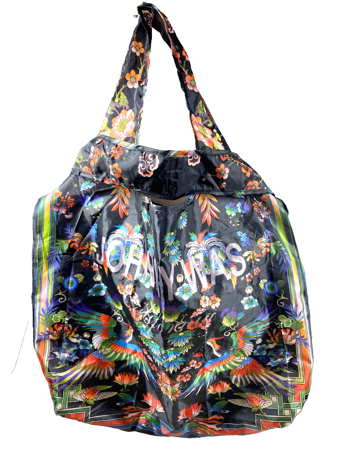 Johnny Was California Bird Floral Black Boho Print Nylon Tote Bag Inside Pocket
