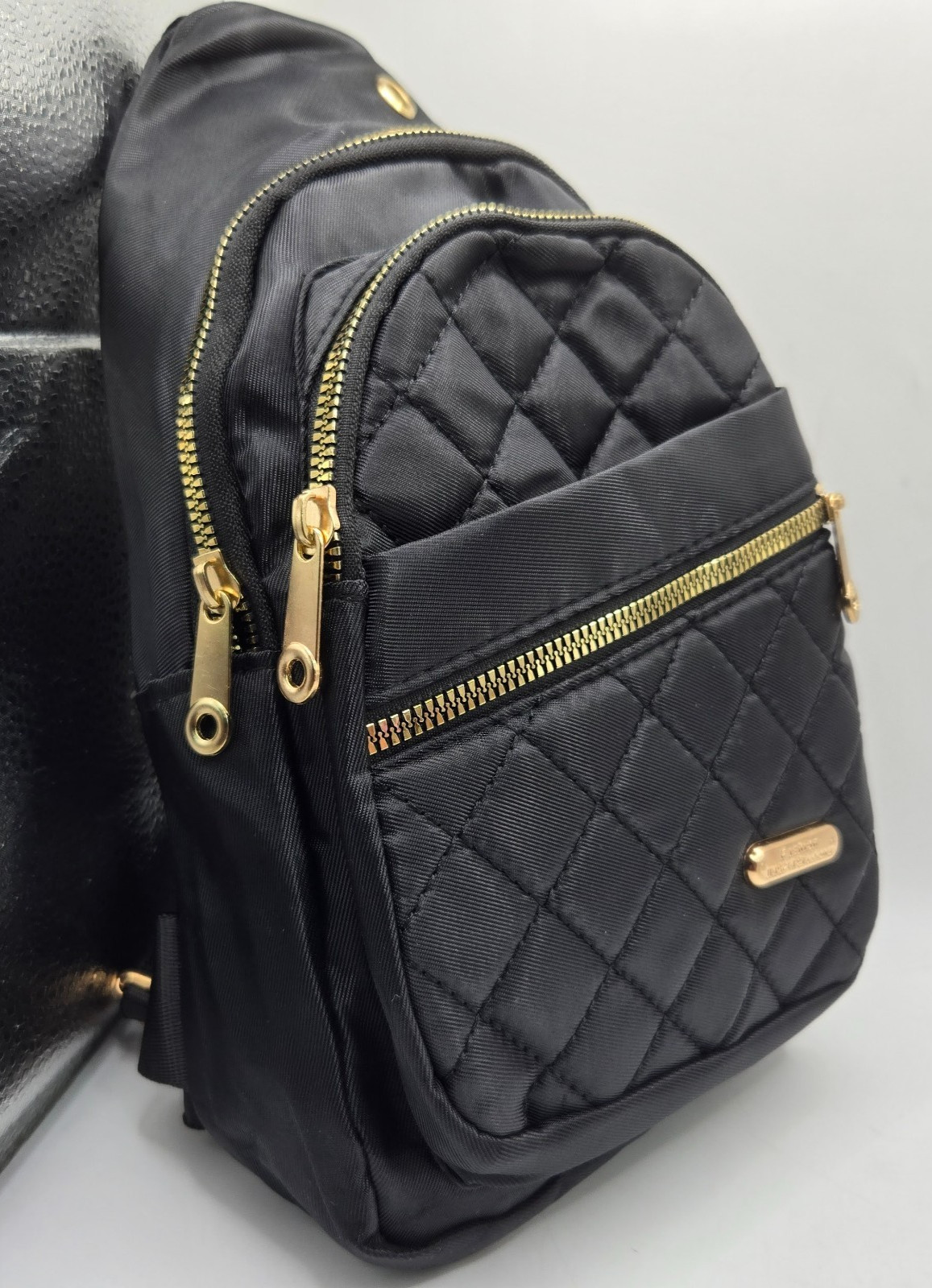 Single Strap Crossbody Backpack BLACK/GOLD Quilted Fashion Jingpin Creations New
