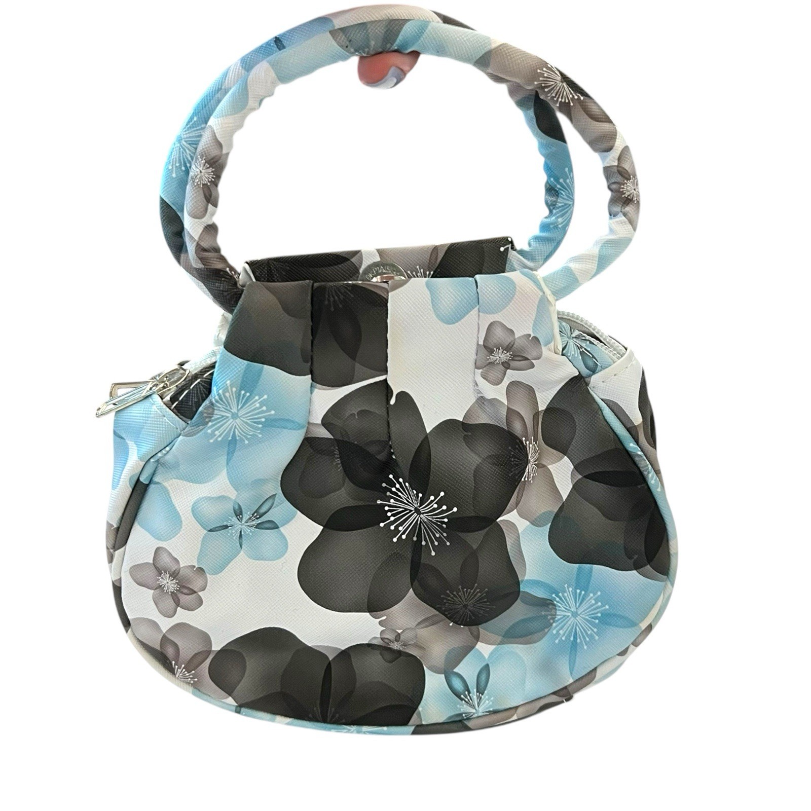 NEW Women’s Mini Top Handle Bag Purse Compact PU Handbag Blue Floral Party