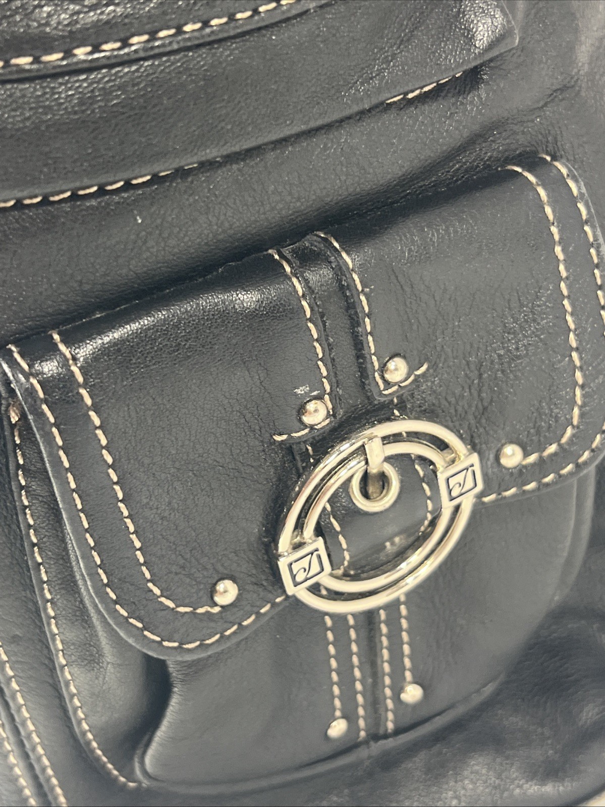 Vintage Stone Mountain Hobo Shoulder Bag Black Leather Exterior Pockets 12×12 In