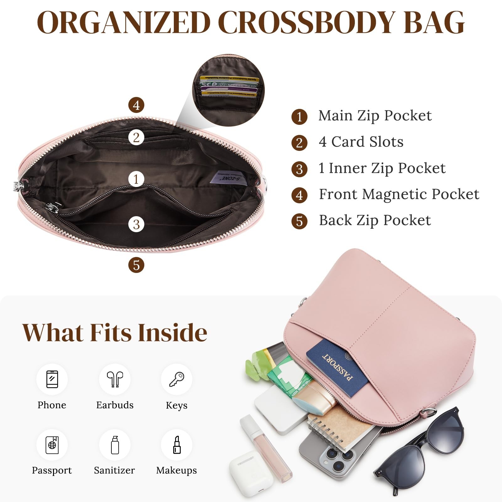 S-ZONE Small Crossbody Bags for Women Shoulder Purses Travel Medium, Blush