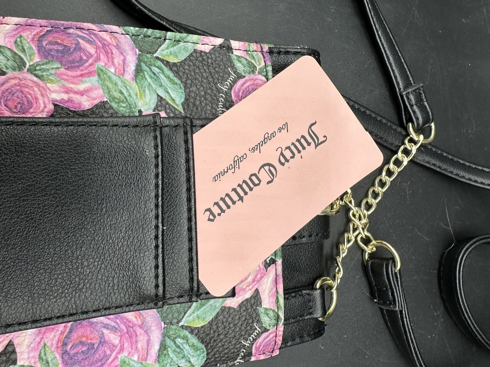 JUICY COUTURE MINI CROSSBODY PURSE PHONE ID HEART FLORAL 5″ X 7″ BLACK PINK