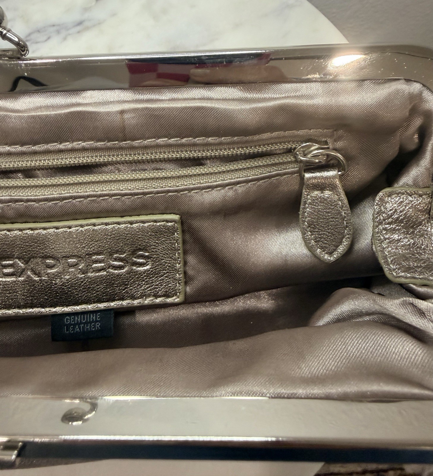 Express Metallic Silver Kiss Lock Pleated Clutch, Lined w/ Inner Pockets