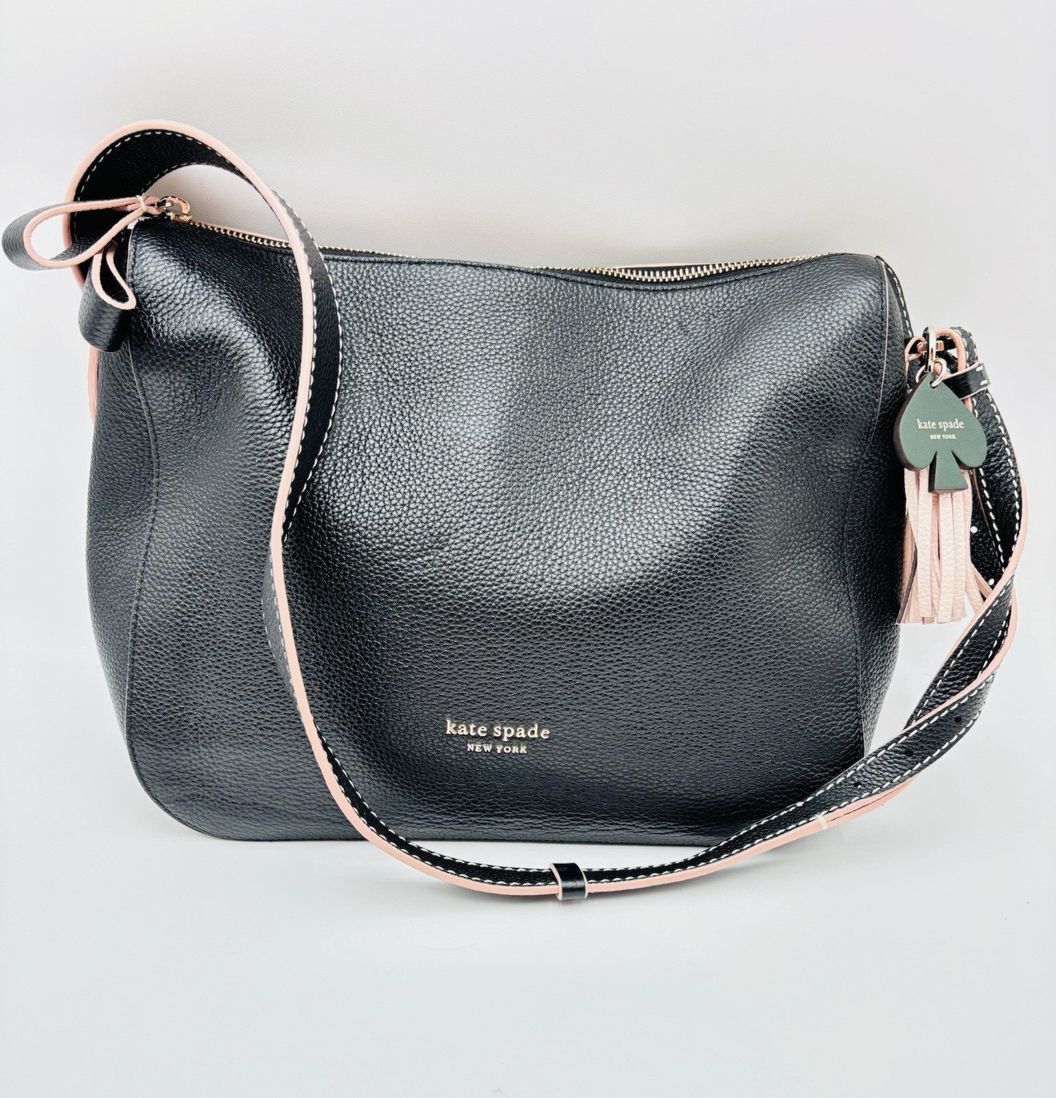 Kate Spade Black Pebbled Leather Shoulder Bag Tassel Logo Hobo Purse