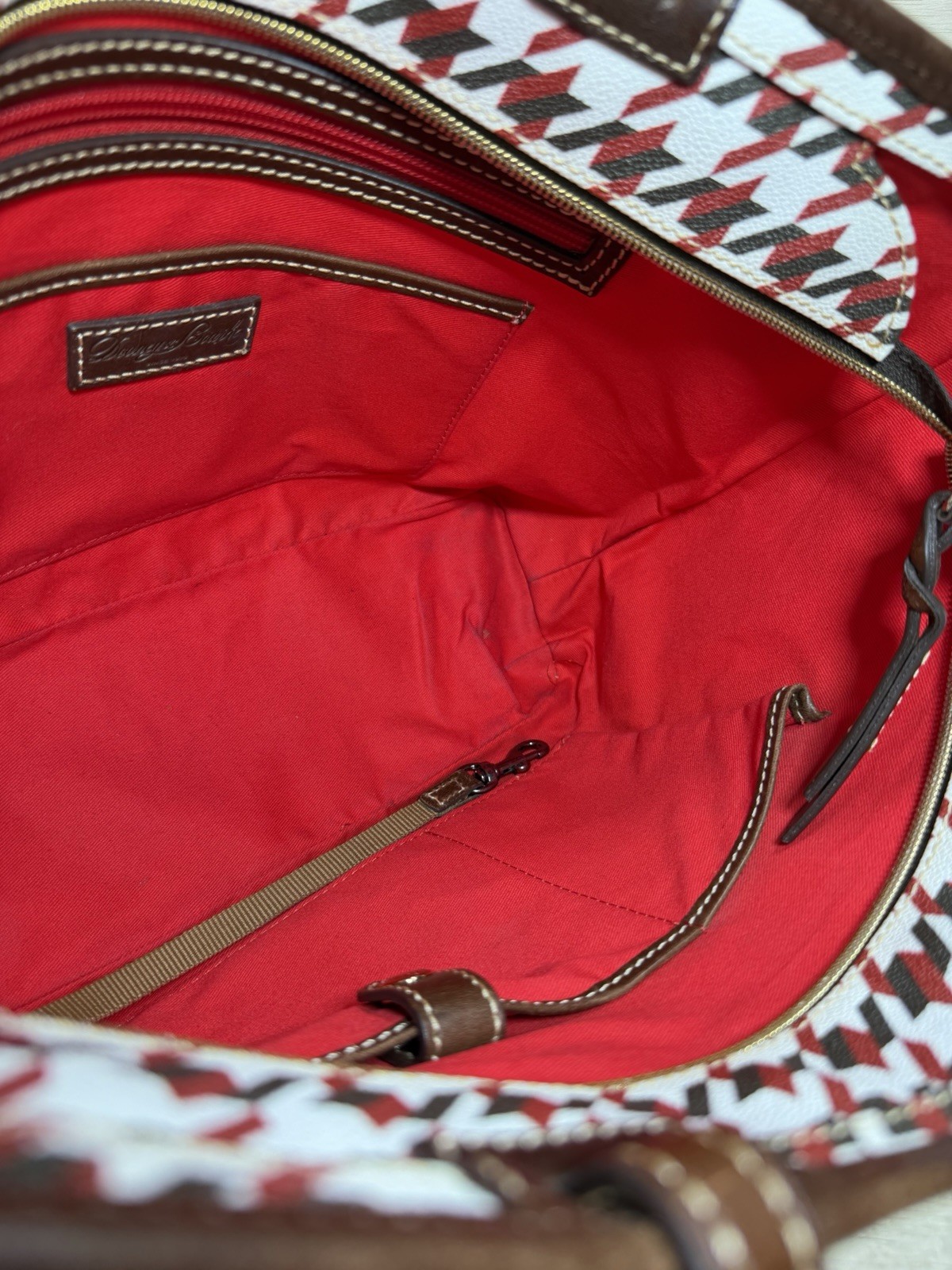 Dooney & Bourke Houndstooth Career Tote Bag- Red/Black/White – Leather Trim