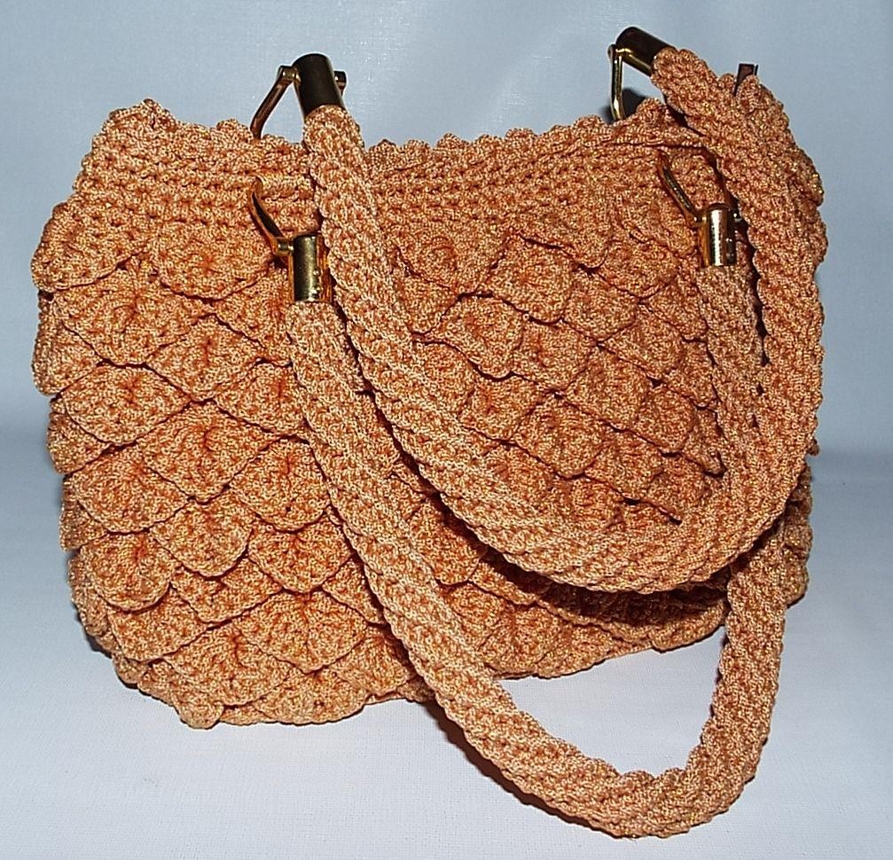 Womens Crochet Handbag Woven Purse Artisan Made Crocodile Stitch Metallic Copper