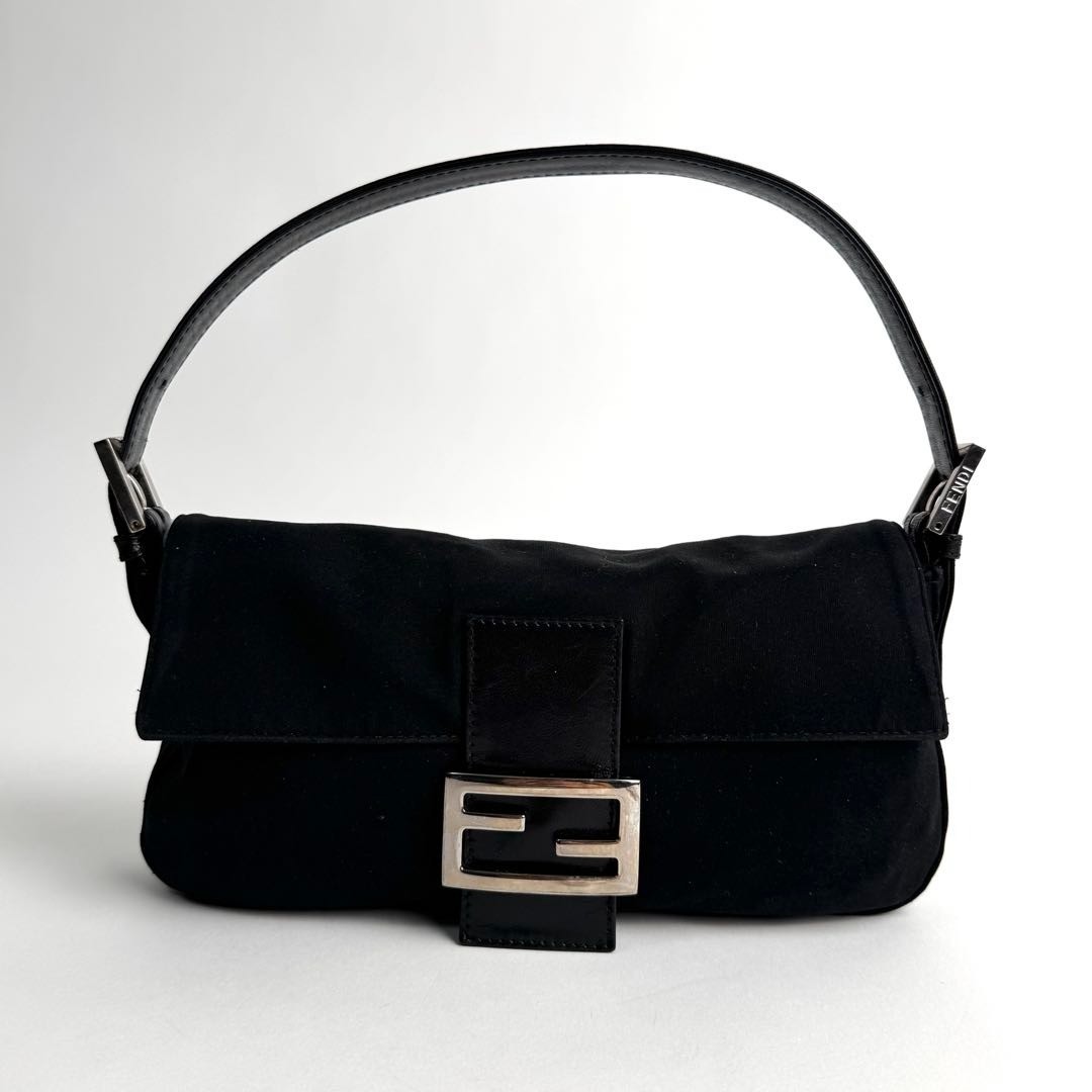 Auth Fendi Cotton Jersey Mamma Baguette FF Logo One Shoulder Bag Black e127