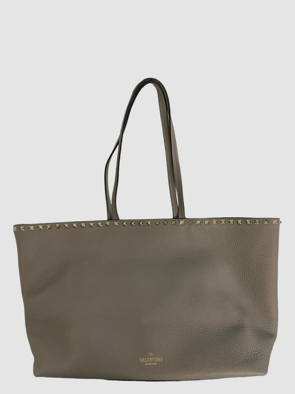 $1750 Valentino Garavani Women’s Gray Logo Rockstud Vitello Leather Tote Bag