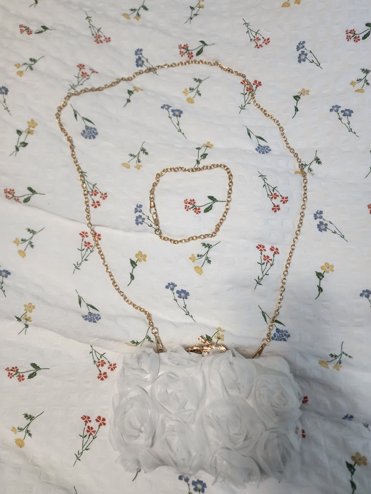 White Floral Bridal Clutch Gold plated Shoulder and Wrist Strap