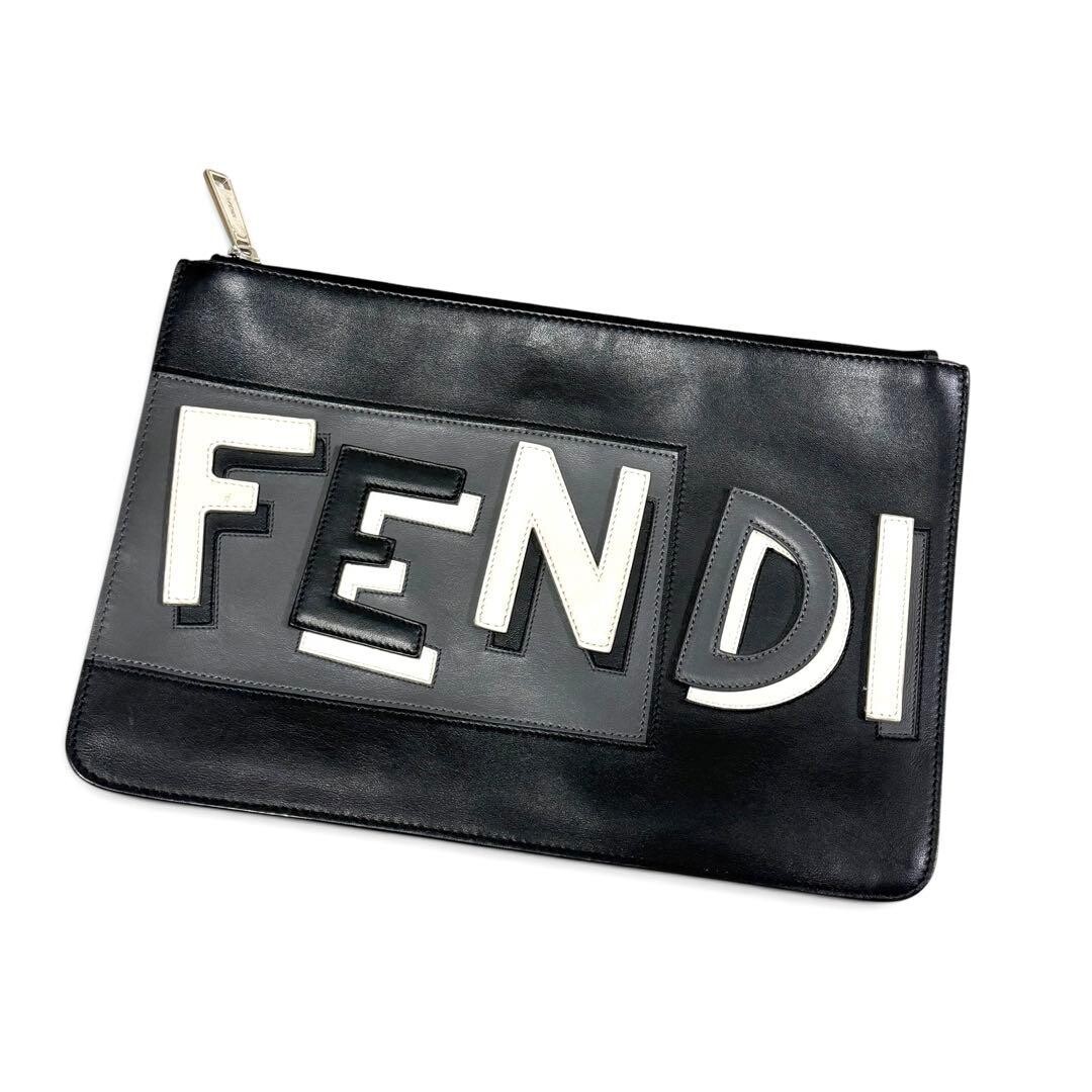 Fendi Black Leather Clutch Bag Mens Pouch Second Bag 29cm x 19.5cm Auth