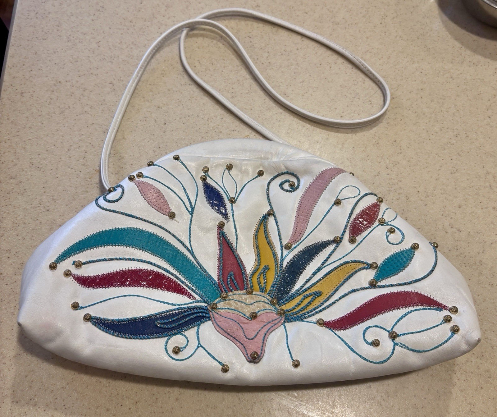 Colini Handbag Leather Shoulder Bag Purse White Teal Gold 80s Artisan Purse