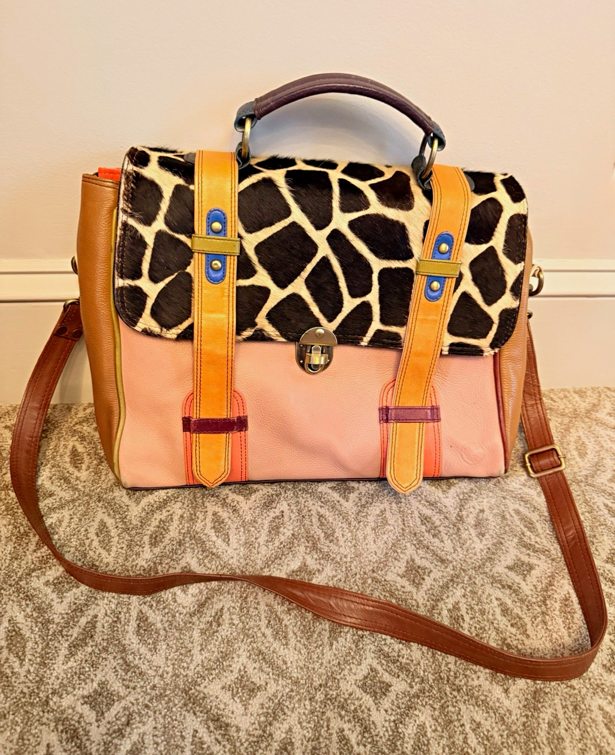 Animal Print Satchel Top Handle Bag Buckle/Clasp Closure Detachable Strap