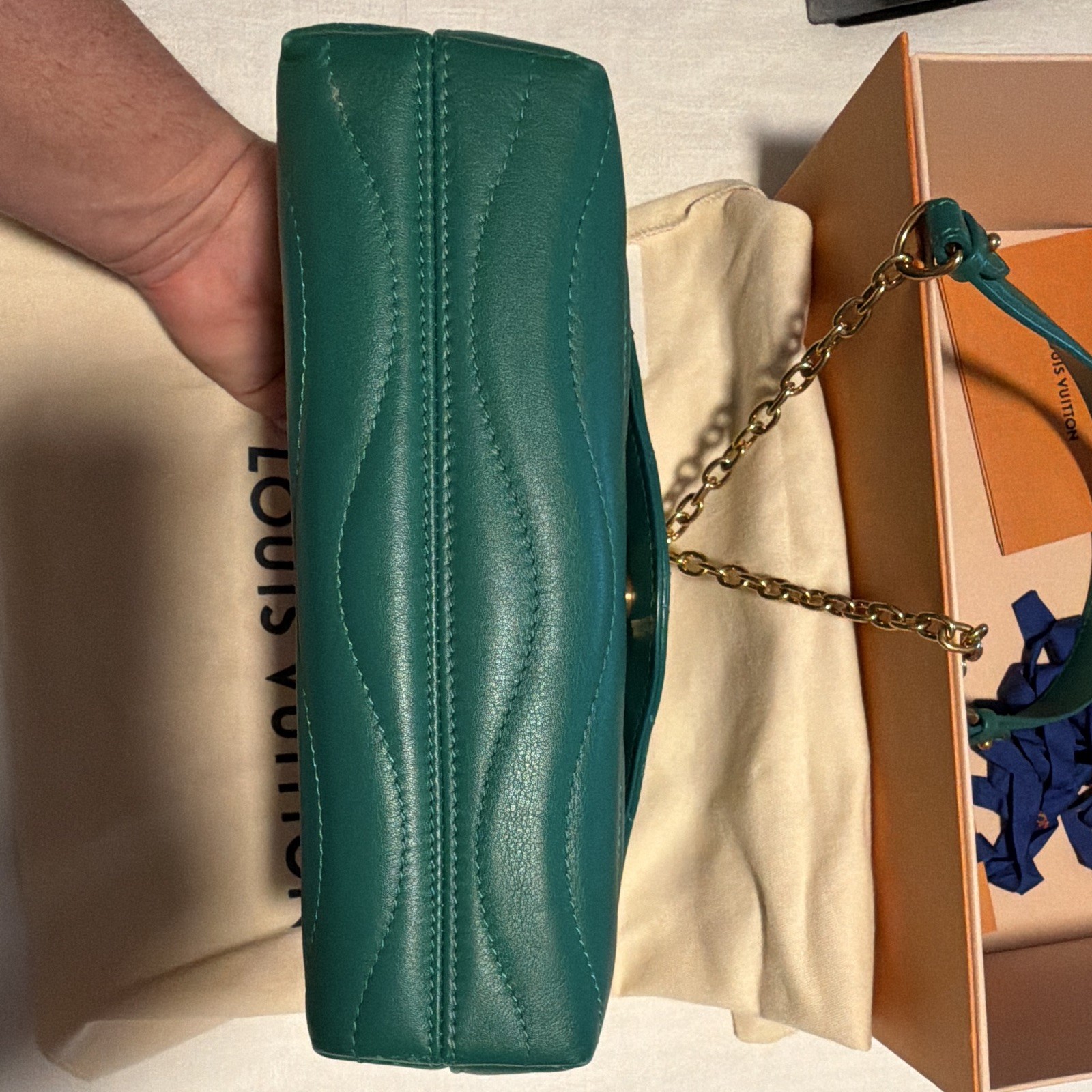 Louis Vuitton Green Quilted Shoulder Bag Gold Chain Strap Box Dust Bag Card