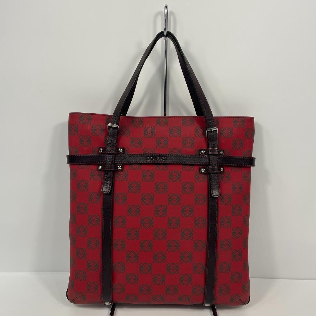 LOEWE Anagram Red PVC Tote Bag Brown Leather Handles MBZ351 Auth