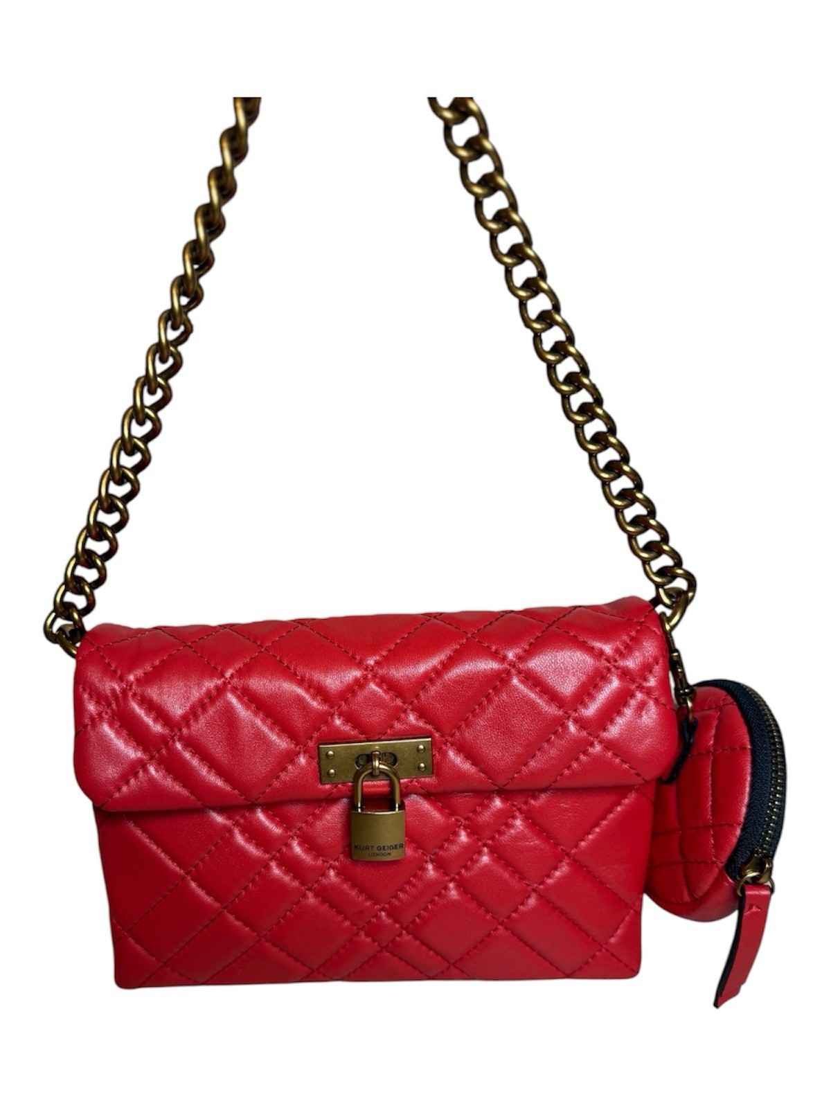 NWOT Kurt Geiger London The Brixton Red Quilted Chain Shoulder Bag w/ Pouch