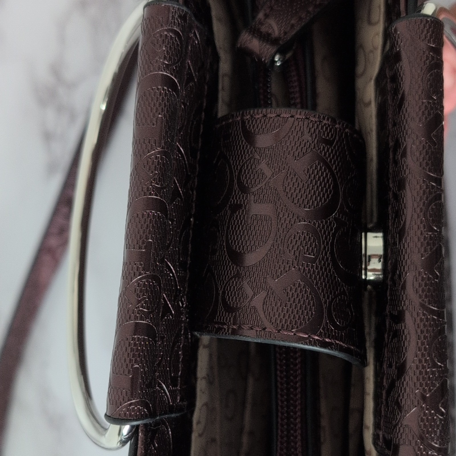 GUESS Wine Embossed Logo Satchel Top Handle Bag, Detachable Crossbody Strap