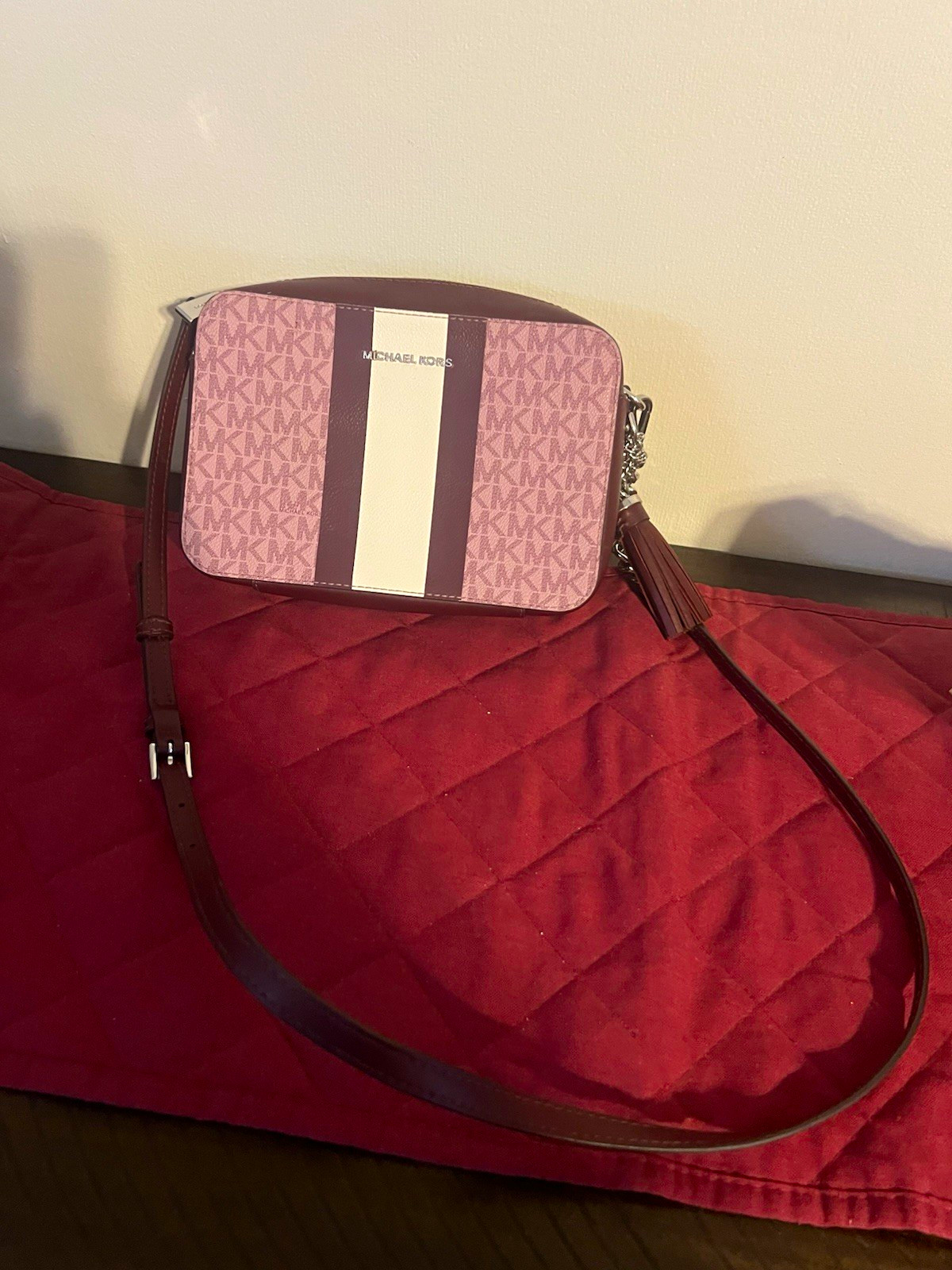 Michael Kors Signature MK Logo Stripe Zip Small Crossbody Bag Pink/Burgundy