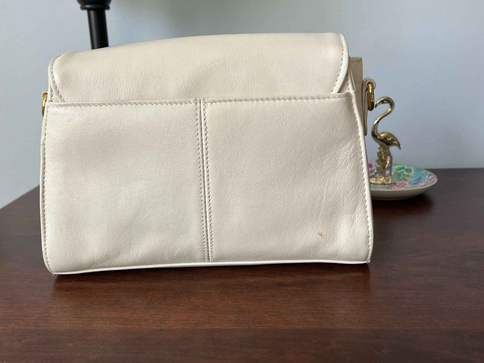 Etienne Aigner Leather Ivory Handbag with Crossbody Adustable Strap Gold Accents