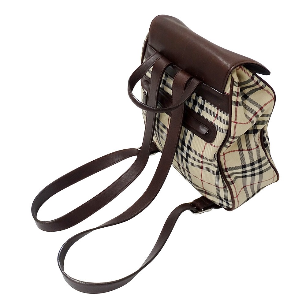 Burberry Mini Backpack Beige Brown Check Canvas Leather Women Drawstring Bag