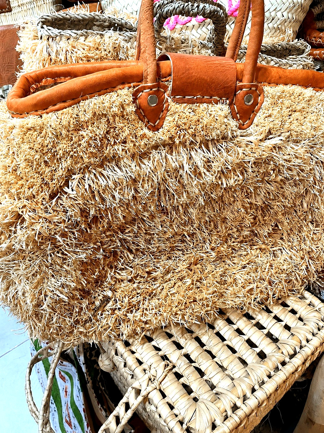Handmade Moroccan Raffia Tote Bag with Brown Leather Handles, Straw Market bag
