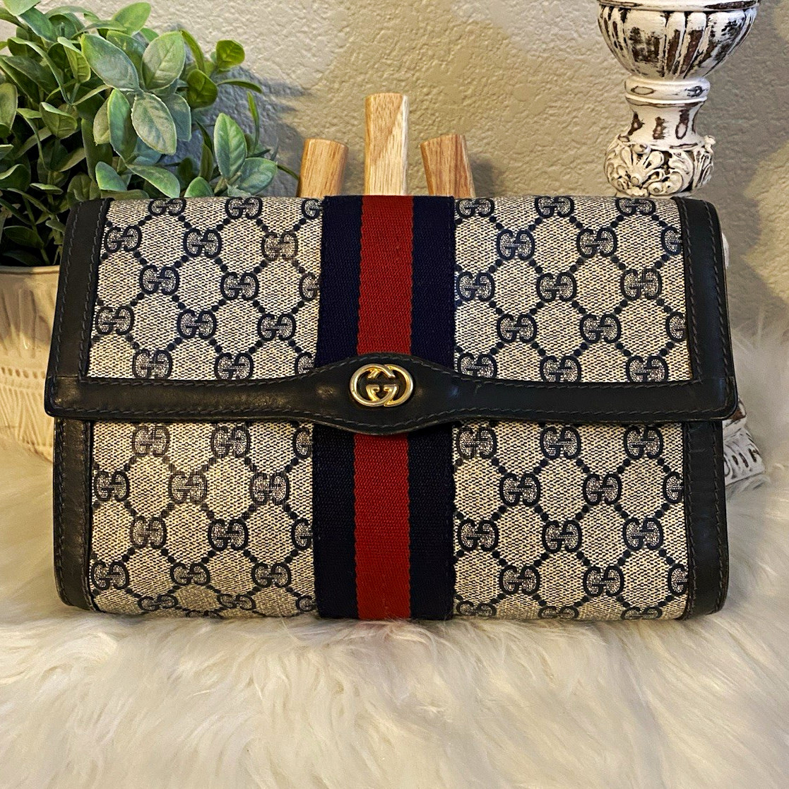 Gucci Parfume GG Monogram Web Stripe Clutch Snap Close Gold Hardware Lined Blue