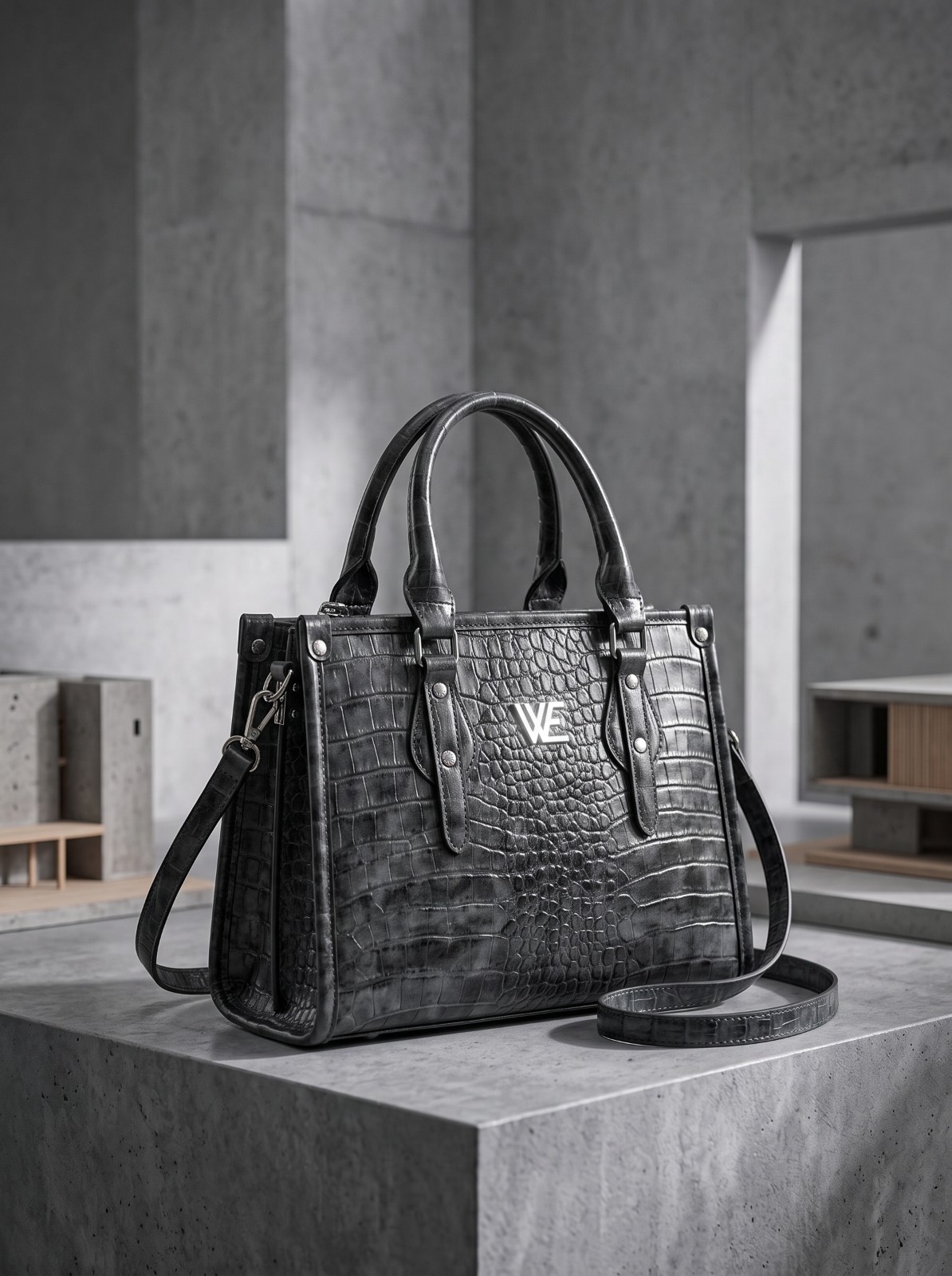 Croc Embossed Leather Satchel Structured New Black Crossbody Handbag