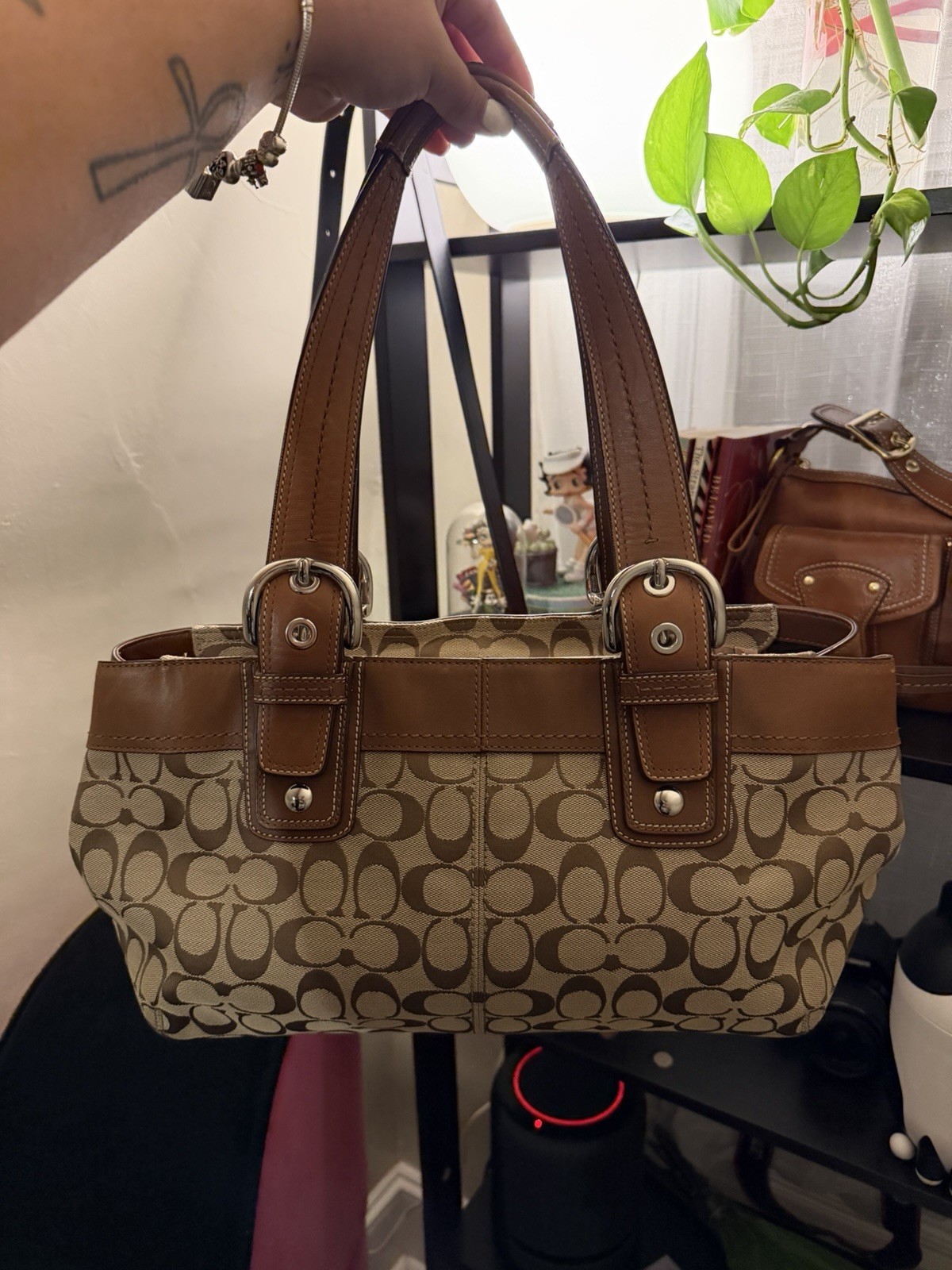 Coach Signature Logo Satchel Top Handle Bag Brown/Beige Zip Silver Charm