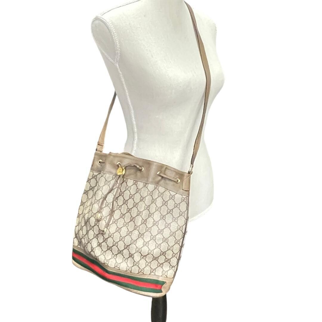 Gucci GG Drawstring Bucket Shoulder Bag Web Stripe Beige Brown Auth