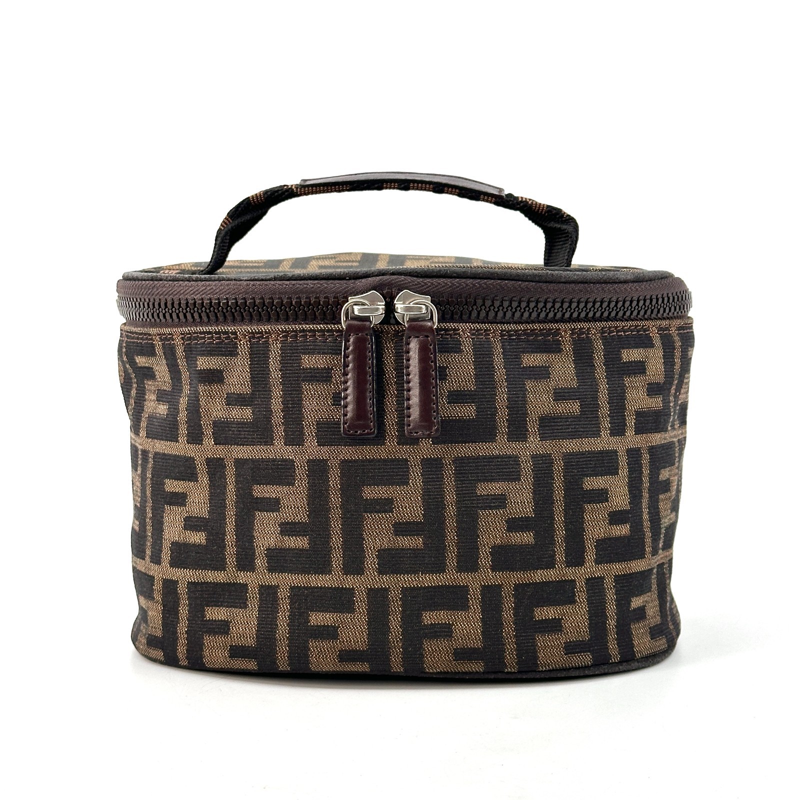 Fendi Zucca Pattern FF Vanity Bag Handbag Pouch Canvas Brown Authentic 0024