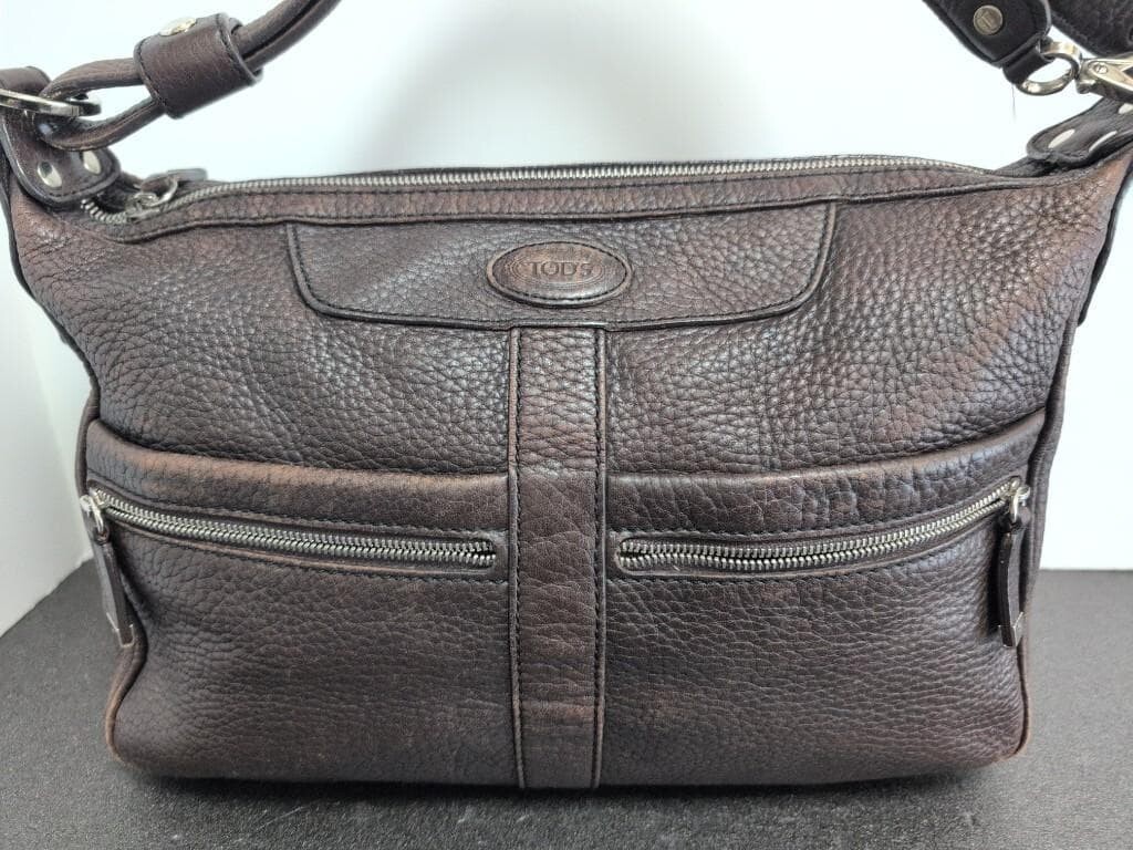 Tod’s Brown Leather 2Way Shoulder Bag Zip Top Silver Hardware Women 32cm
