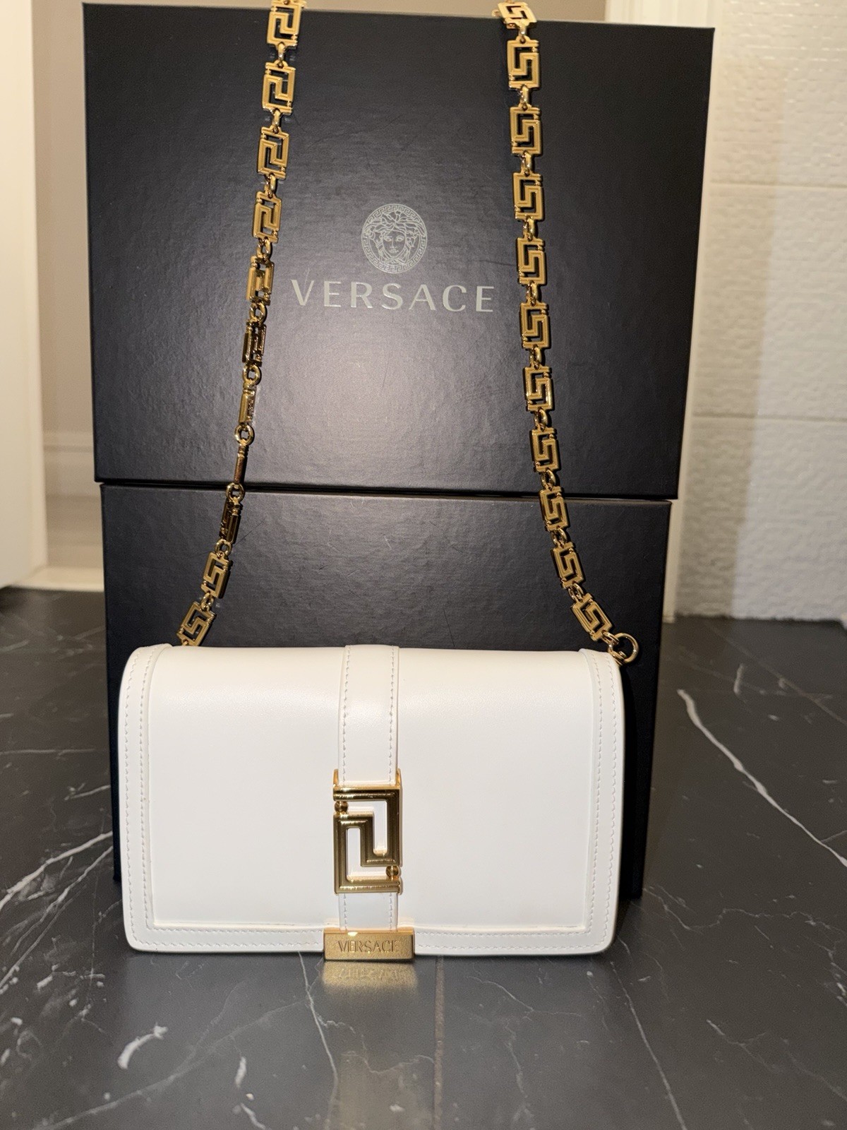 Versace Greca Goddess Mini Shoulder Bag White Leather Gold Chain NWT Authentic