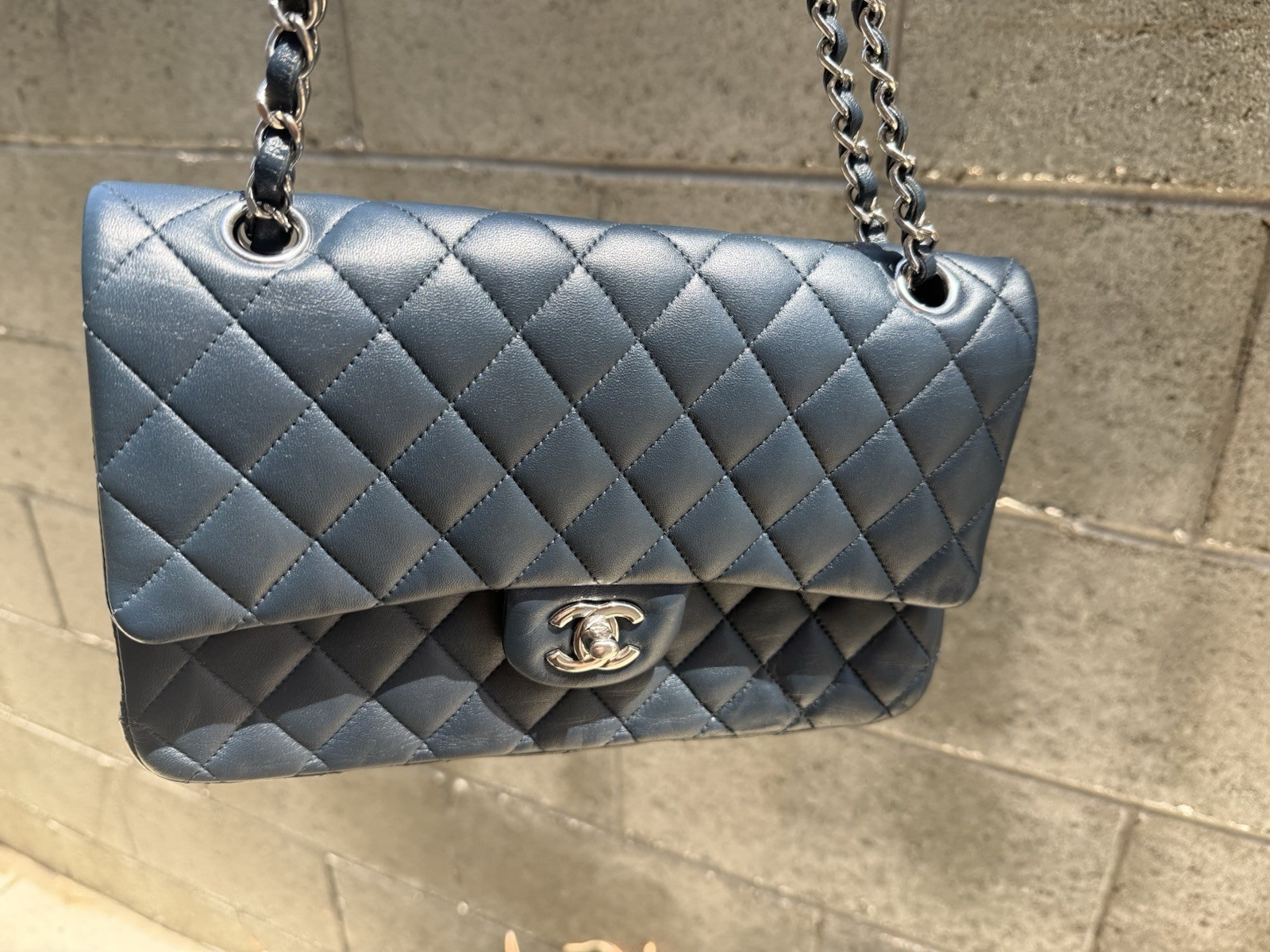 Chanel Classic Double Flap Medium Quilted Lambskin Navy Dark Blue Silver Hdw Bag