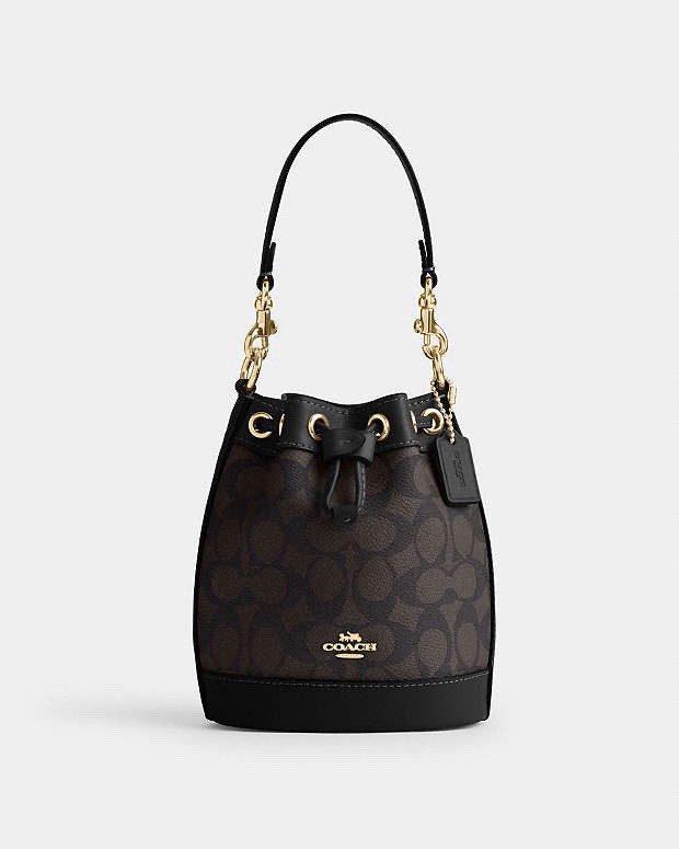 $298 Coach Mini Bucket Walnut/Black Leather Drawstring Bag In Signature Canvas