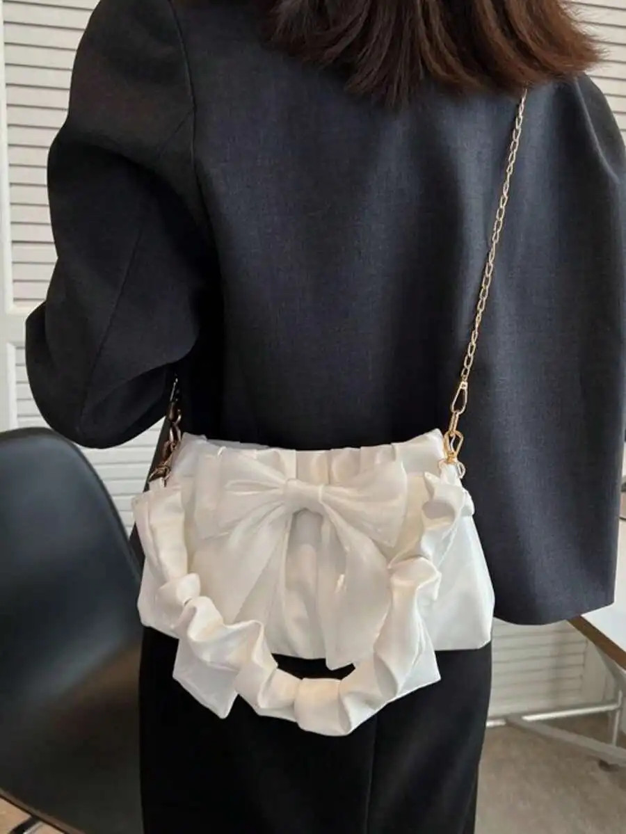 Women’s Bow Pleated Chain Shoulder Bag Elegant Fashion Purse Beach Handbag
