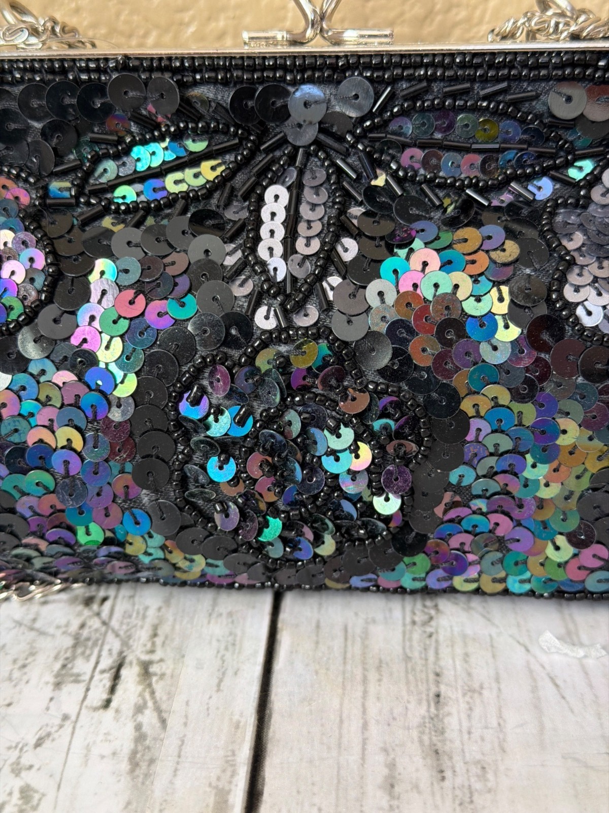 Y2K Max Mayer Black Beaded Sequin Evening Bag Clutch Kiss Lock Chain Strap NEW