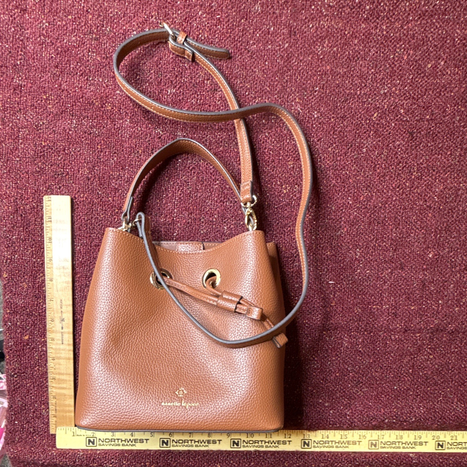 Nanette Lepore Brown Pebbled Bucket Drawstring Crossbody Gold HW