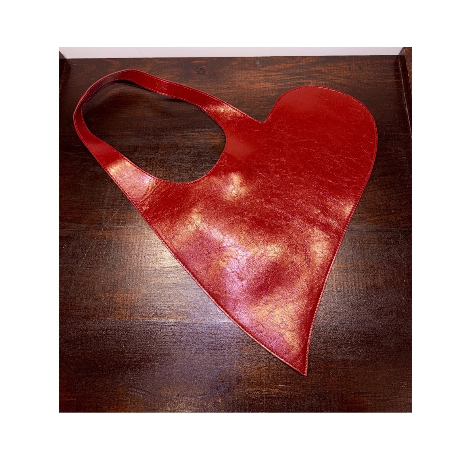 Red Heart Shaped Shoulder Bag Crinkled Faux Leather Asymmetrical Tote Y2K Style