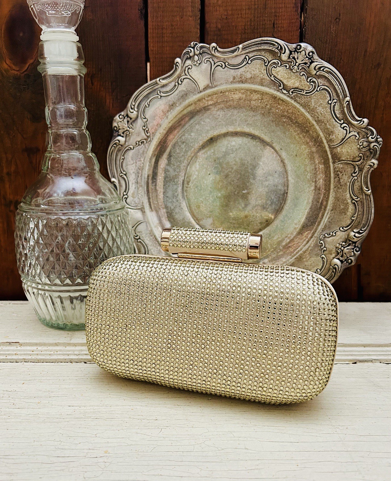 Badgley Mischka Champagne Satin & Gold Crystal Evening Clutch~Wedding Clutch