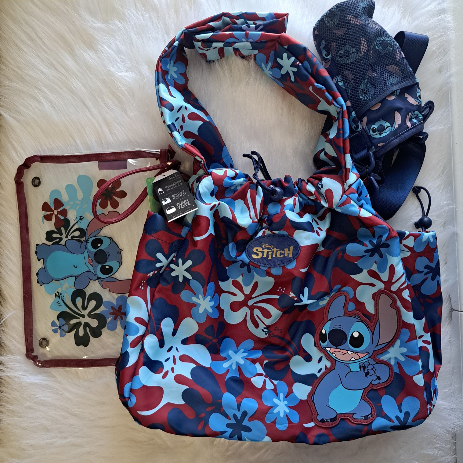 Disney Stitch Hawaiian Travel Tote Hobo Beach Bag, Clear Bag Pouch, Bottle Case
