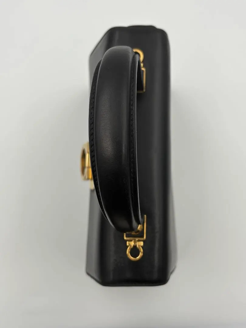 Salvatore Ferragamo Gancini Black Leather Top Handle Bag Gold Hardware Auth JP