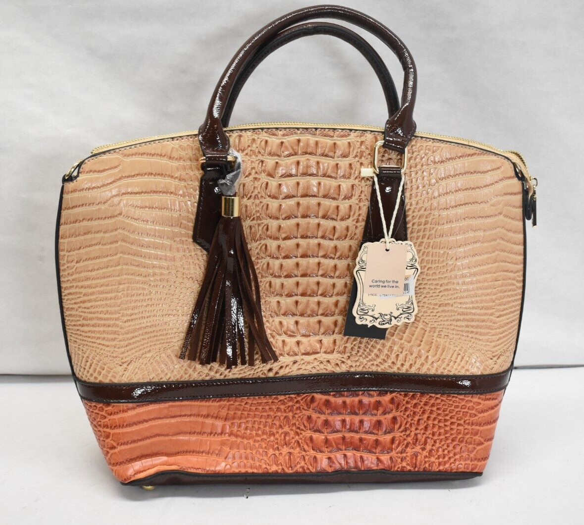 Alyssa Vegan Handbag Purse Bag Tote 2 Colored Light Brown Orange Large