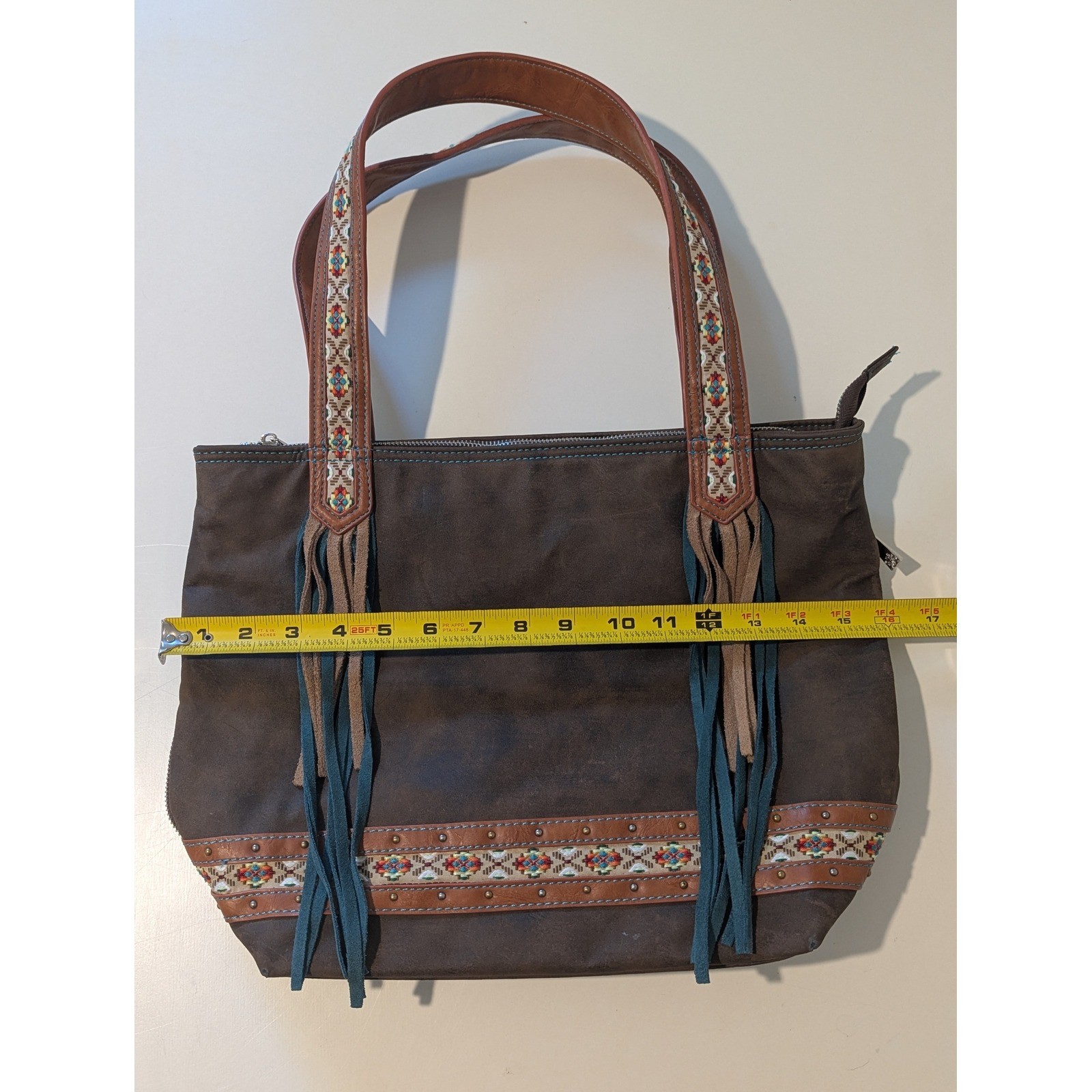 Catchfly Western Boho Faux Suede Tote Bag Brown Turquoise Fringe Embroidered