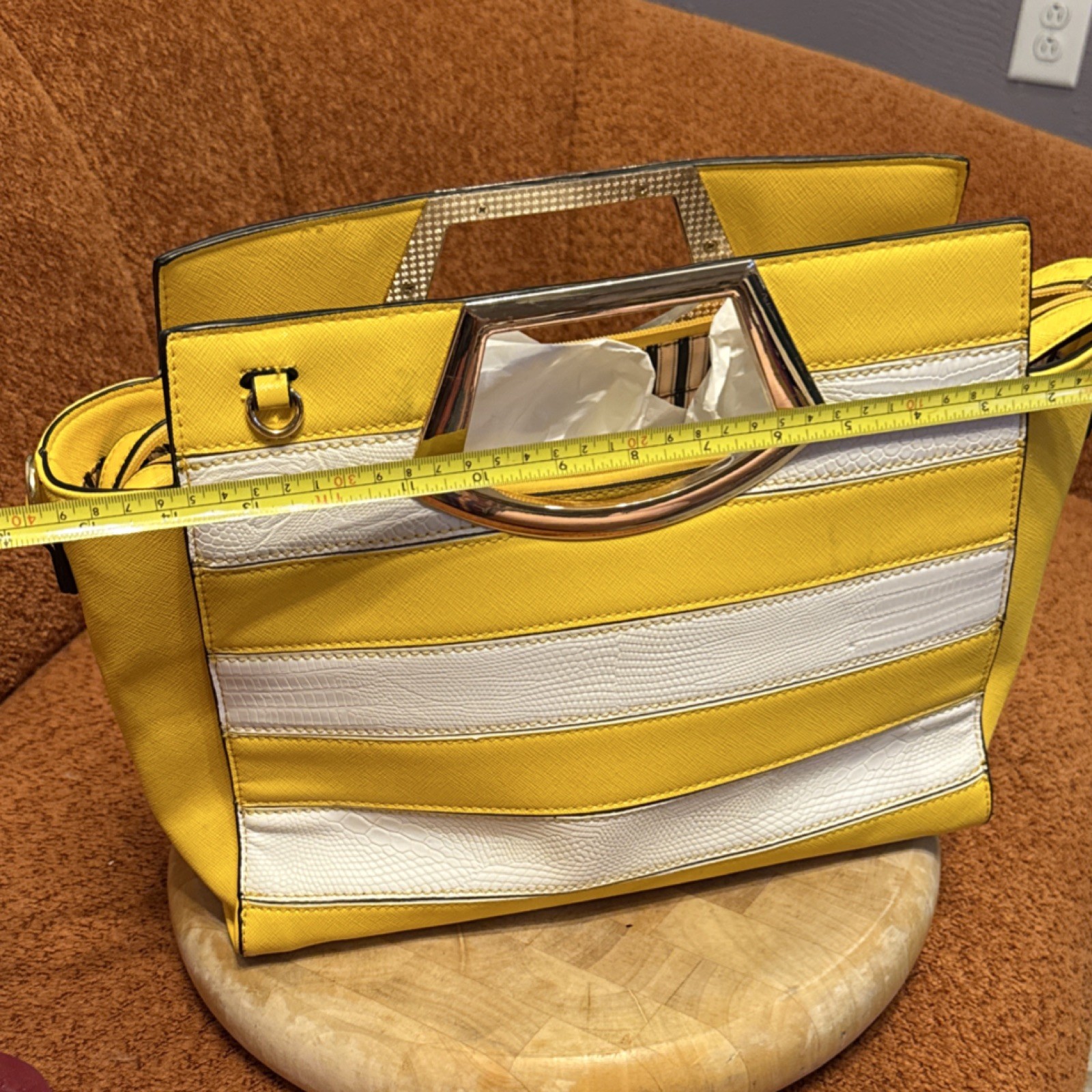 Yellow White Striped Satchel Bag with Gold Metal Handle and Detachable Strap