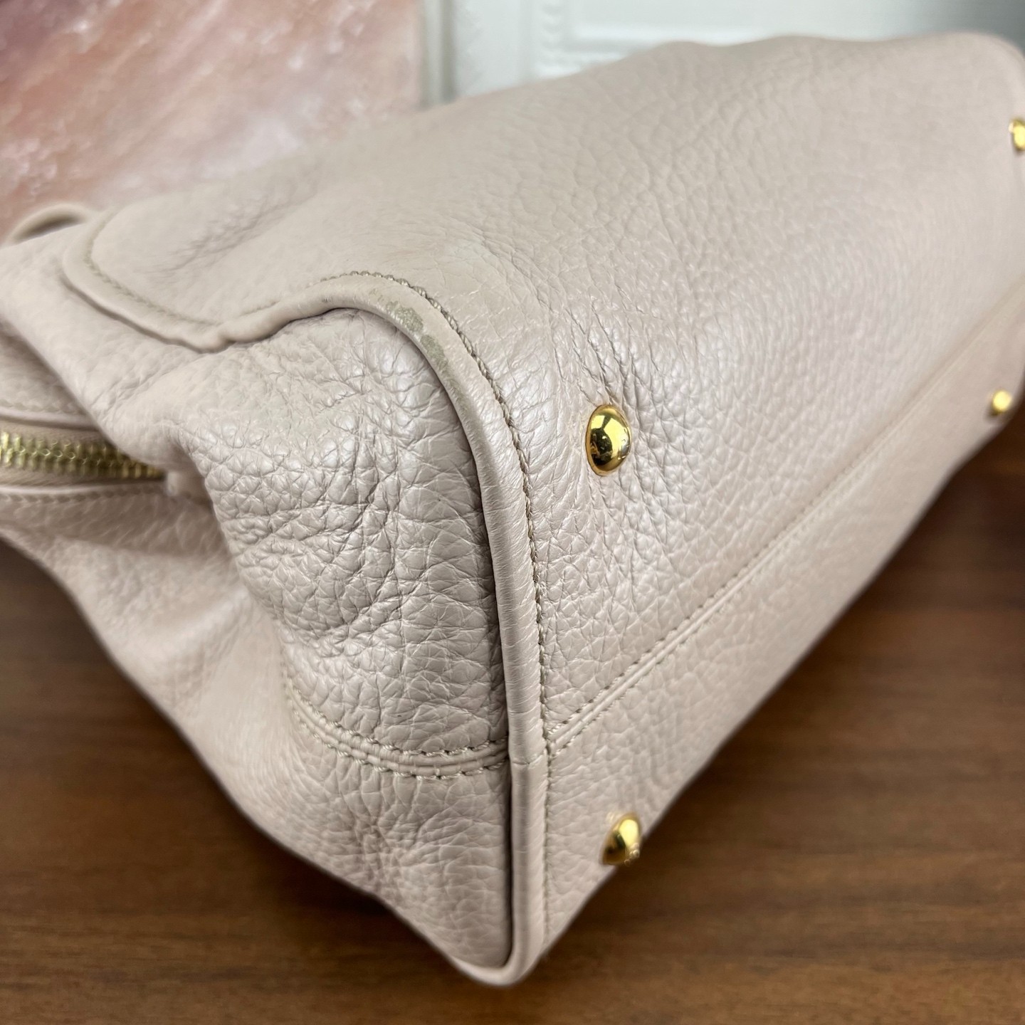 Authentic Fendi zippered milk tea color handbag with top handle shoulder strap