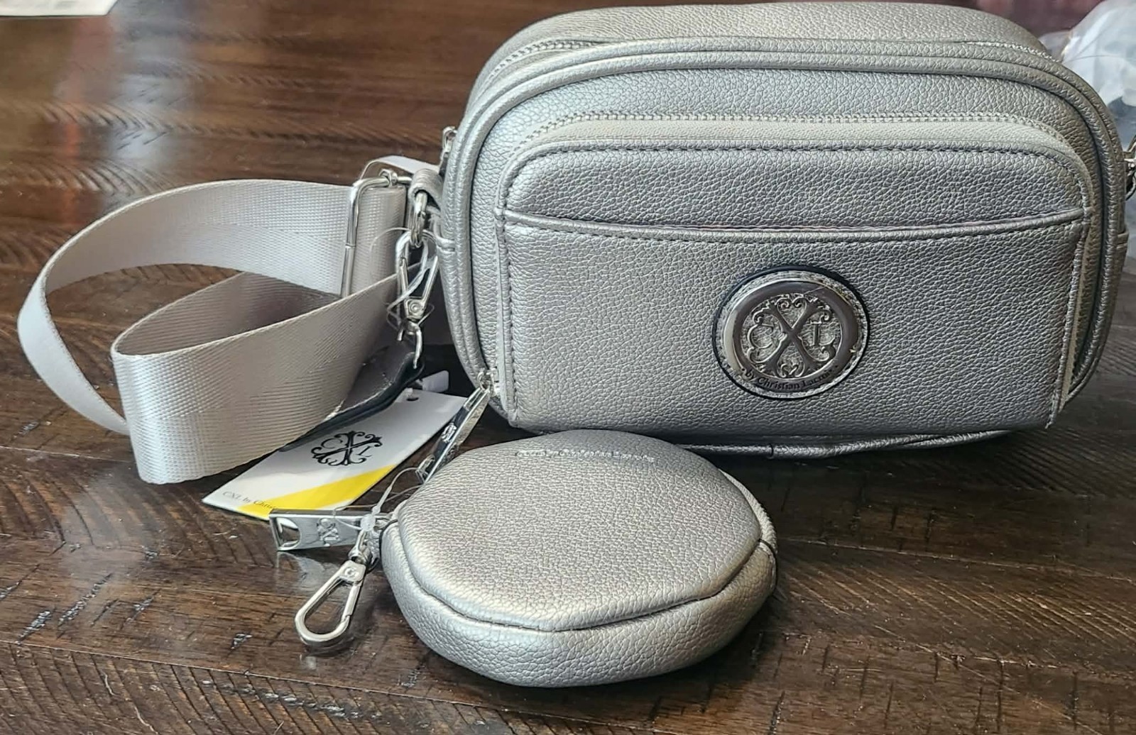 Christian Lacroix Women’s Silver Pebbled Mini Crossbody Zip Detachable Strap